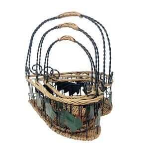 Vintage 90's Heart Shape Nesting Baskets 3 Pc Twisted Handle Metal Green Ivy
